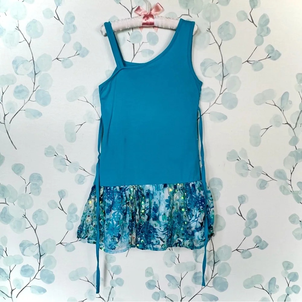 Justice Kids Turquoise Aqua Blue Dress Sequin Party Dress-up Floral Ruffled Lace - Picture 13 of 15